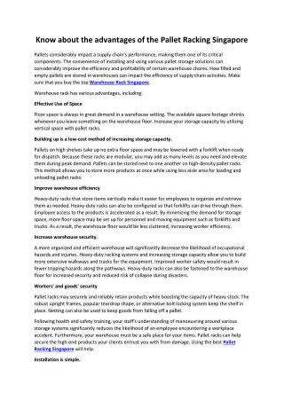 Know about the advantages of the Pallet Racking Singapore