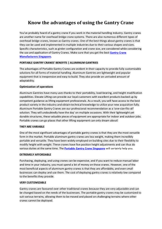 Know the advantages of using the Gantry Crane