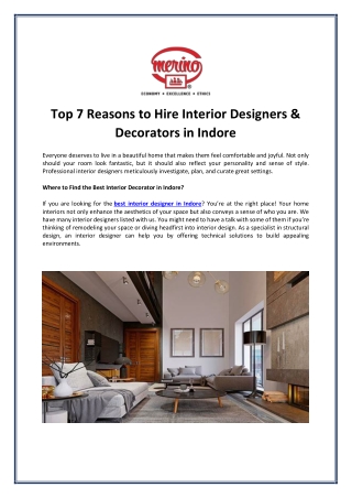 Top 7 Reasons to Hire Interior Designers & Decorators in Indore