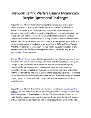 Network Centric Warfare Gaining Momentum Despite Operational Challenges