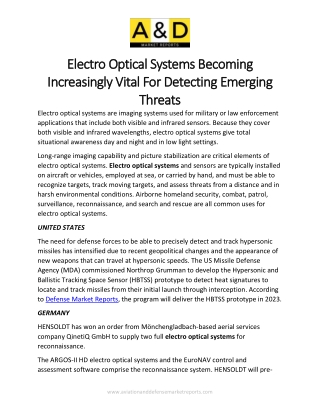 Electro Optical Systems Becoming Increasingly Vital For Detecting Emerging Threats