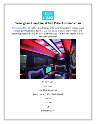 Birmingham Limo Hire at Best Price Lux-limo.co.uk