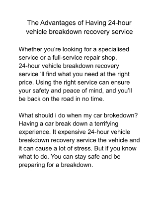 The Advantages of Having 24-hour vehicle breakdown recovery service