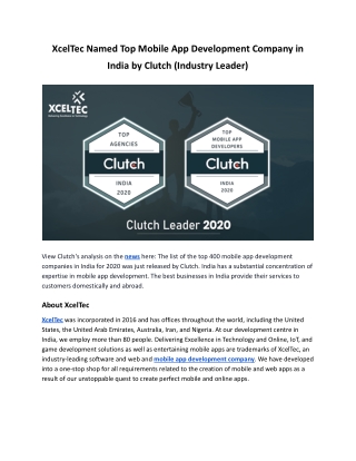 XcelTec Named Top Mobile App Development Company in India by Clutch (Industry Leader)