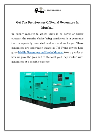 Mobile Generators On Hire In Mumbai | Call 9820640061 | Taj Trans Powers