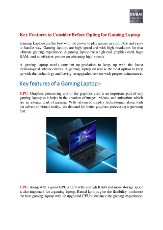 Key Features to Consider Before Opting for Gaming Laptop, Dubai