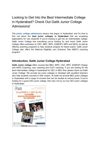 Gatik Junior College Admissions | Best Intermediate College in Hyderabad