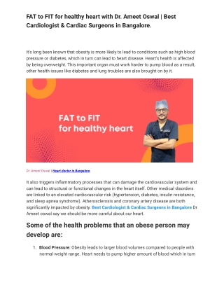 FAT to FIT for healthy heart with Dr. Ameet Oswal Best Cardiologist  Cardiac Surgeons in Bangalore