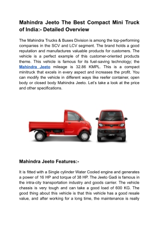 Mahindra Jeeto The Best Compact Mini Truck of India