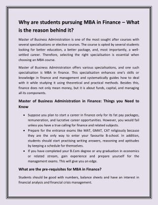 Why are students pursuing MBA in Finance