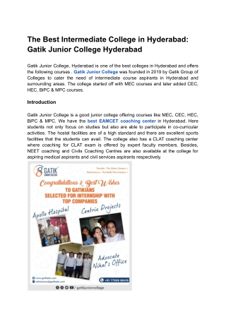 Gatik Junior College Hyderabad | Inter college with civils coaching