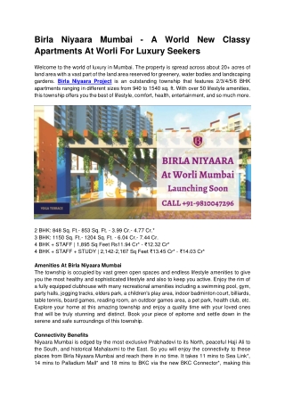 Birla Niyaara Mumbai - A Genuine Classy Apartments At Worli For Luxury Seekers