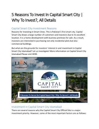 5 Reasons To Invest In Capital Smart City