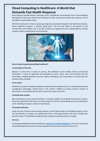 Cloud Computing in Healthcare A World that Demands Fast Health Response