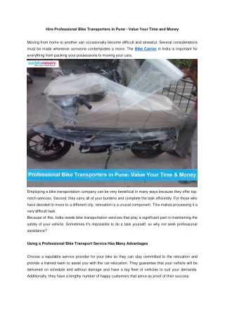Hire Professional Bike Transporters in Pune - Value Your Time and Money