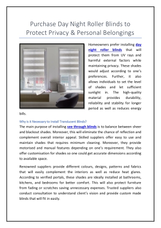 Purchase Day Night Roller Blinds to Protect Privacy & Personal Belongings