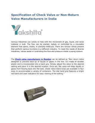 Specification of Check Valve or Non-Return Valve Manufacturers in India