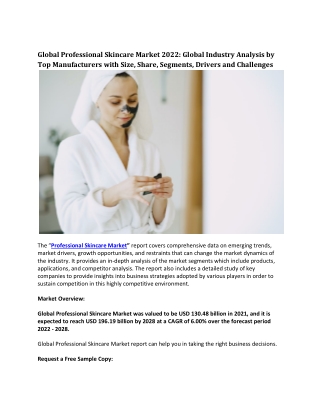 Global Professional Skincare Market 2022: Global Industry Analysis
