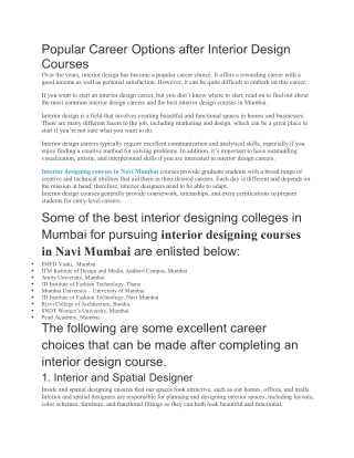 Popular Career Options after Interior Design Courses