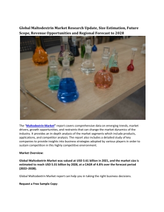 Global Maltodextrin Market Research Update, Size Estimation, Future Scope