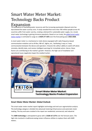 Smart Water Meter Market: Technology Backs Product Expansion