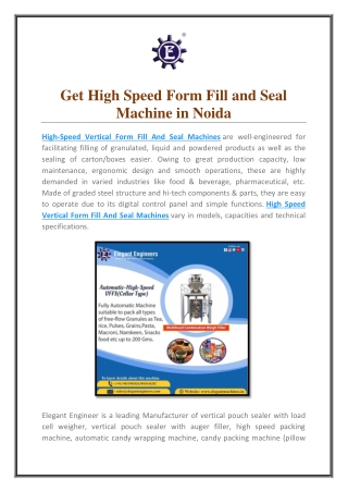 Get High Speed Form Fill and Seal Machine in Noida