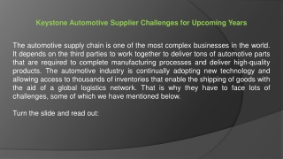 Keystone Automotive Supplier Challenges for Upcoming Years