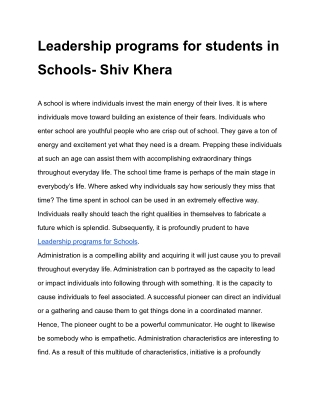 Leadership programs for students in Schools- Shiv Khera