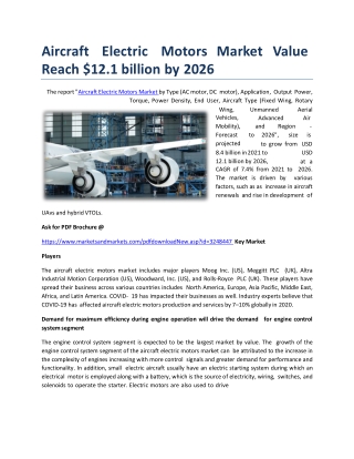 Aircraft Electric Motors Market Value Reach $12.1 billion by 2026