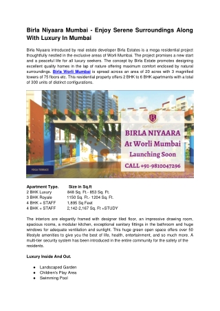 Birla Niyaara - Enjoy Luxury Surroundings Along With Luxury Amenities In Mumbai