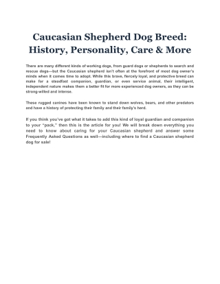Caucasian Shepherd Dog Breed: History, Personality, Care & More