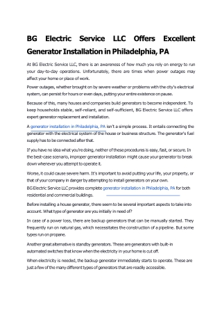 BG Electric Service LLC Offers Excellent Generator Installation in Philadelphia, PA