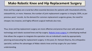 Mako Robotic Knee and Hip Replacement Surgery Gurgaon, India