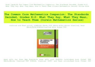 Free [epub]$$ The Common Core Mathematics Companion The Standards Decoded  Grades K-2 What They Say  What They Mean  How