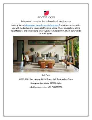 Independent House for Rent in Bangalore  JadeCaps.com
