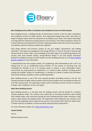 Bserv Building Services Offers Consultation and Installation Services for HVAC Systems
