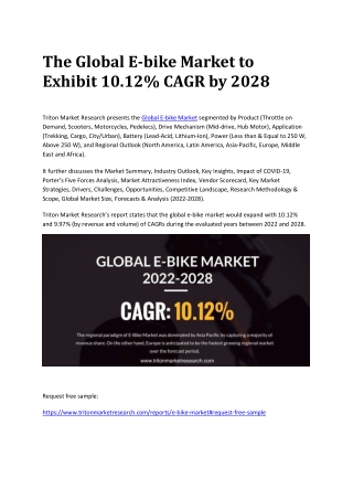 The Global E-bike Market to Exhibit 10.12% CAGR by 2028