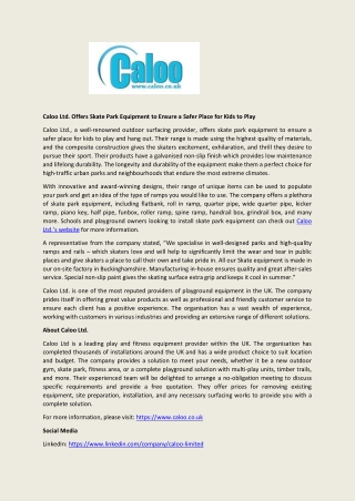 Caloo Ltd. Offers Skate Park Equipment to Ensure a Safer Place for Kids to Play
