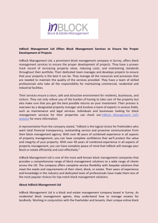 InBlock Management Ltd Offers Block Management Services to Ensure the Proper Development of Projects