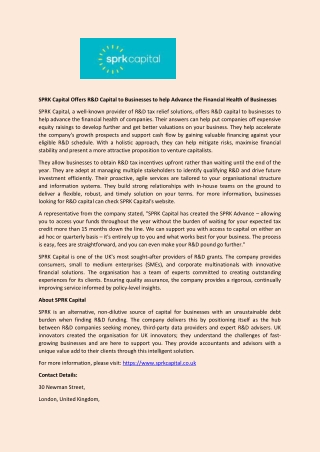 SPRK Capital Offers R&D Capital to Businesses to help Advance the Financial Health of Businesses