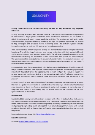 Lucinity Offers Online Anti Money Laundering Software to help Businesses Flag Suspicious Individuals