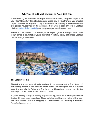 Why You Should Visit Jodhpur on Your Next Trip