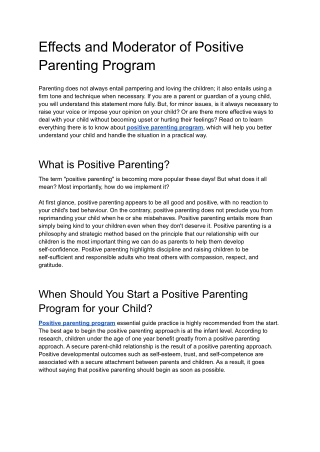 Effects and Moderator of Positive Parenting Program- Shiv Khera