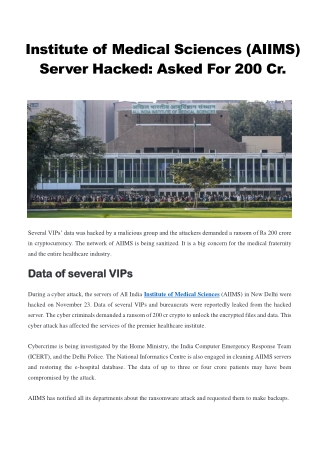 Institute of Medical Sciences (AIIMS) Server Hacked Asked For 200 Cr.