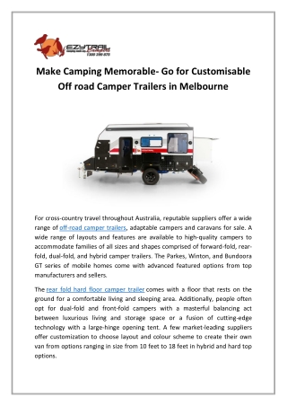 Make Camping Memorable- Go for Customisable Off road Camper Trailers in Melbourne