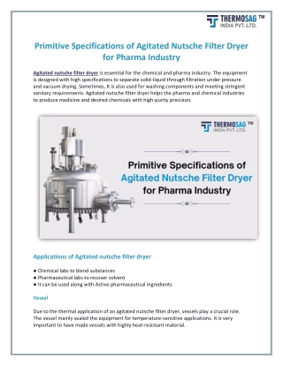 Primitive Specifications of Agitated Nutsche Filter Dryer for Pharma Industry