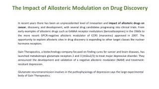 The Impact of Allosteric Modulation on Drug Discovery