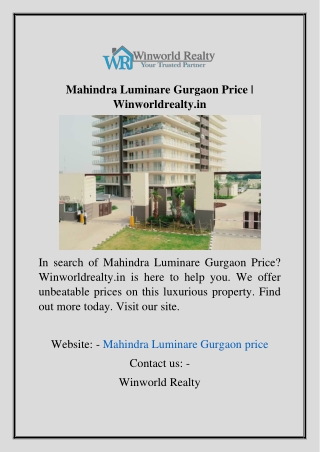 Mahindra Luminare Gurgaon Price  Winworldrealty.in