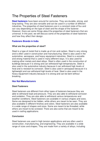 The Properties of Steel Fasteners