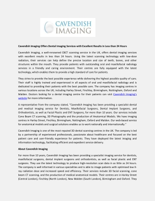 Cavendish Imaging Offers Dental Imaging Services with Excellent Results in Less than 24 Hours